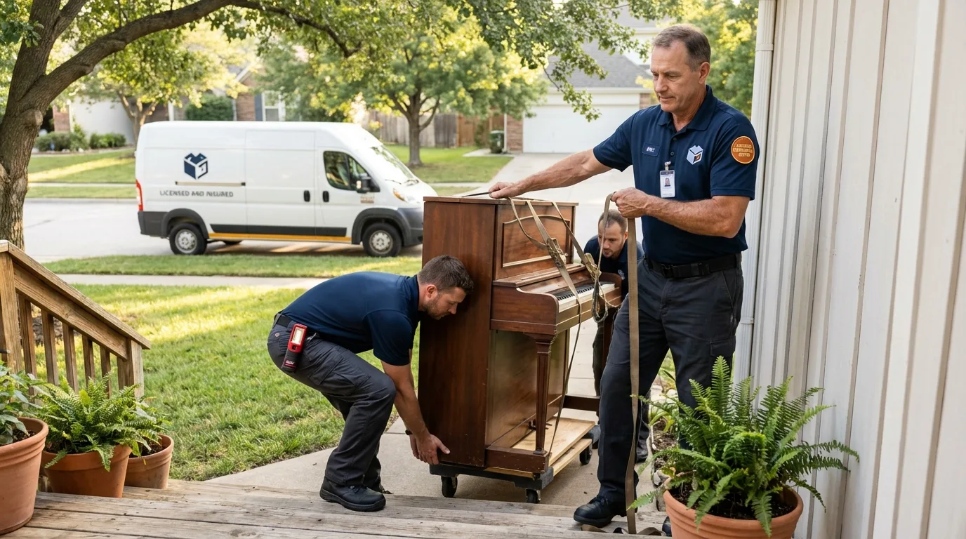 Licensed piano movers securing grand piano in Descanso, CA